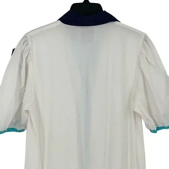 ADDISON BAY ISLE DRESS 100% Poplin Cotton White Blue Pipping Drop Waist Midi Sma - Picture 7 of 11